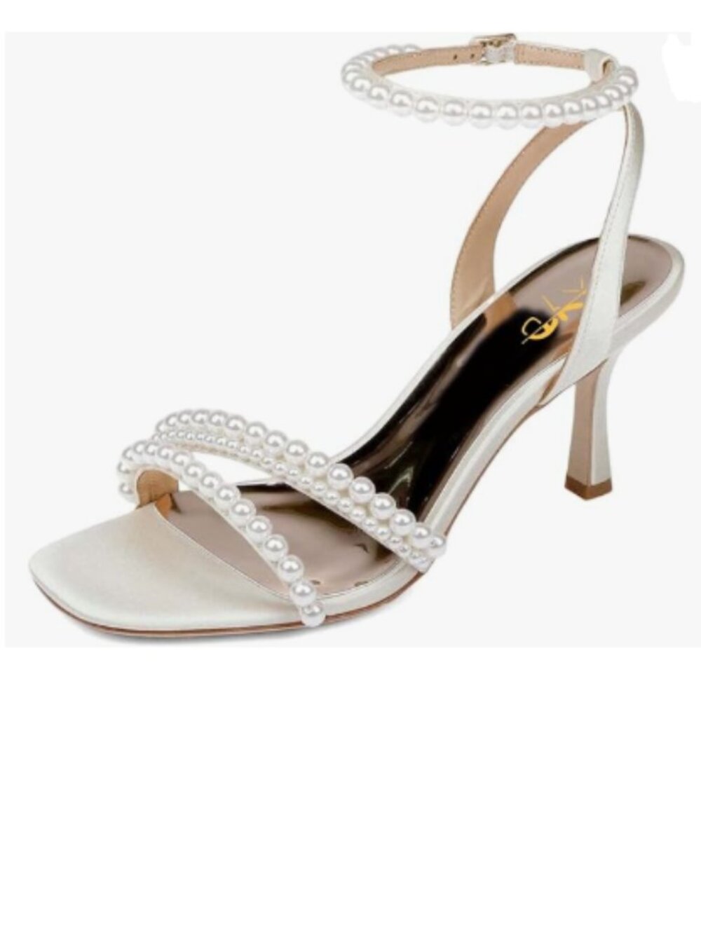 XYD Ivory Pearl Mid Heel Open Toe Sandals Silk Satin Rhinestone Dress Prom Shoes